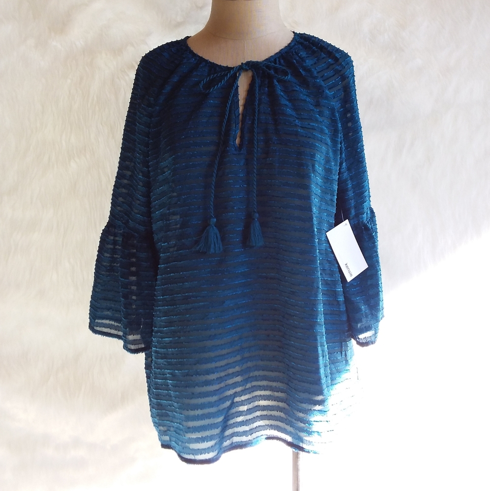 Blue Ribbon Striped Sheer Bell Sleeve Top M